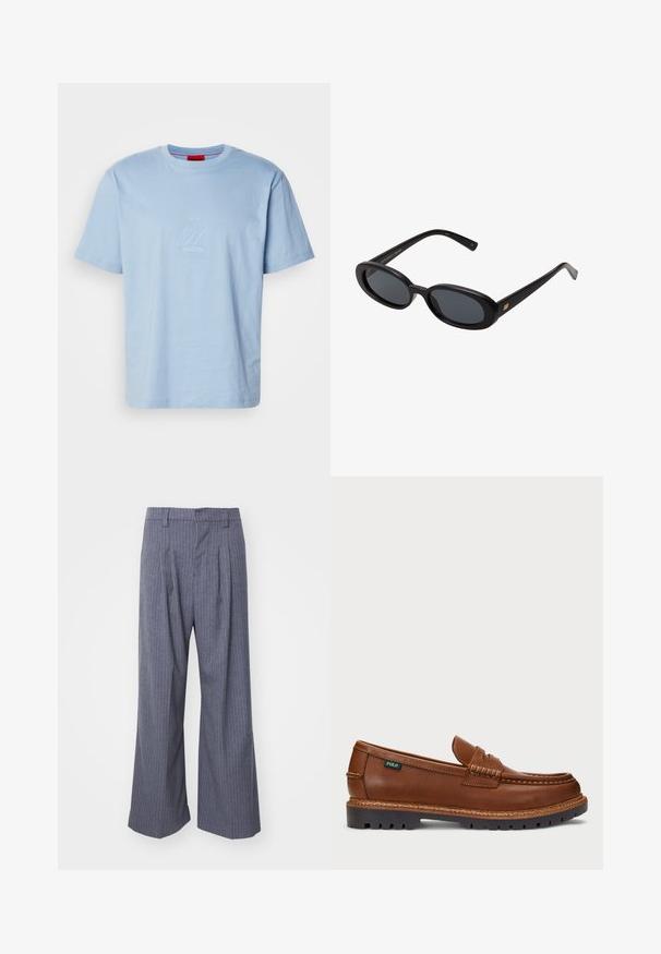 Helles blaues Baumwoll-T-Shirt mit Rundhalsausschnitt. Abgerundetes Logo-Design auf der Vorderseite. Kurze Ärmel und lockere Passform.; Graue gestreifte Hose mit weitem Bein, versehen mit Falten an der Vorderseite und einer glatten Textur. Keine sichtbaren Beschläge oder Akzente.; Braune Leder Slipper mit dekorativer Naht und strukturiertem Zehenbereich. Die Sohle hat ein robustes Design, das Traktion und Langlebigkeit bietet.; Schwarze, oversized Sonnenbrillen mit ovalen Gläsern, glattem Kunststoffrahmen und goldenen Akzenten an den Bügeln. Die dunklen Gläser bieten Sonnenschutz.