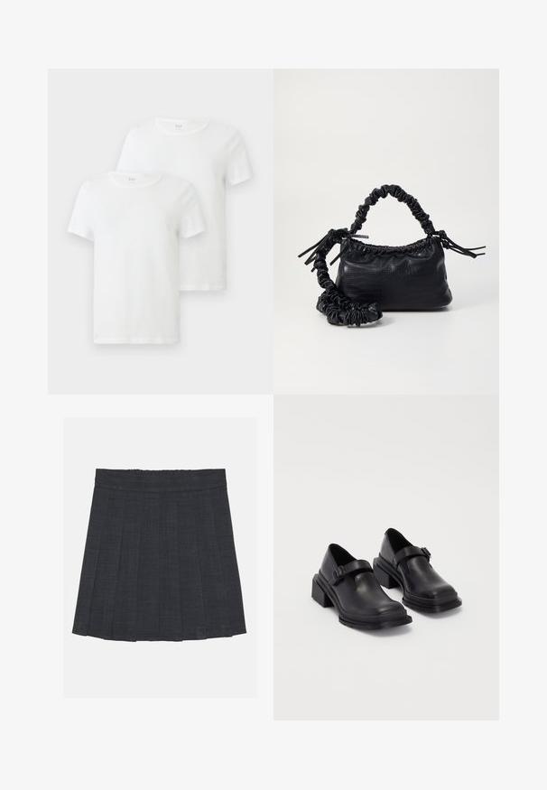Two white short-sleeve t-shirts made of cotton, featuring a round neckline and a soft texture. Brand logo visible on the neckline.; Dark gray pleated skirt with an elastic waistband, featuring a textured fabric and a classic A-line silhouette. Suitable for casual wear.; Black leather shoes with a rounded toe, flat sole, and a strap with a buckle detail. Chunky block heel for added stability.; Black faux leather handbag with a crocodile texture, cinched top, and a scrunched strap. Appears soft and compact in design.