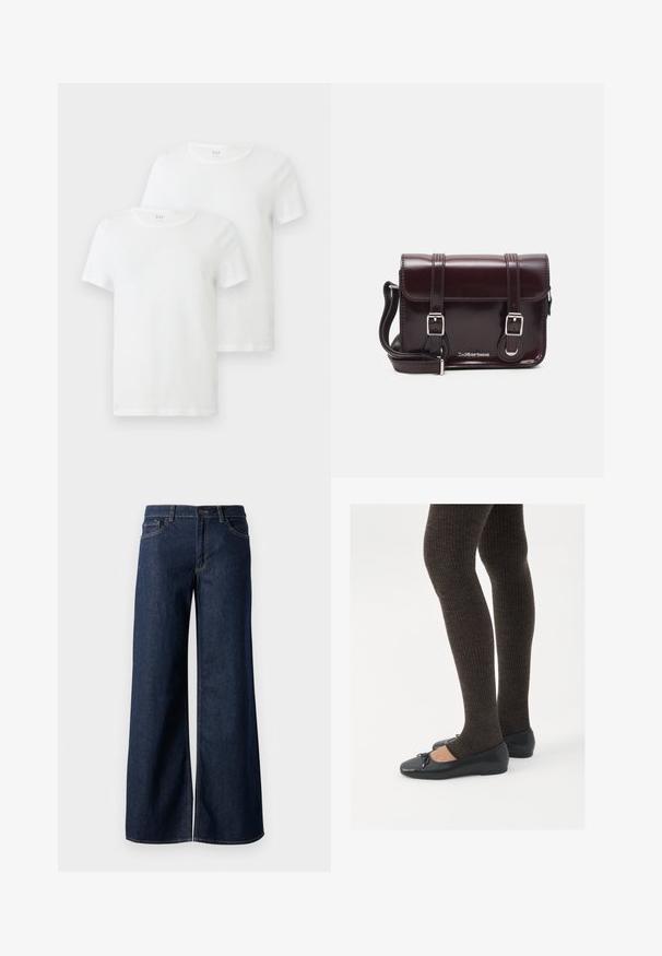 Divas baltas īsām piedurknēm T-krekli, izgatavoti no kokvilnas, ar apaļu kakla izgriezumu un mīkstu tekstūru. Zīmola logo redzams uz kakla izgriezuma.; Platas kājas džinsi tumši zilā denima krāsā. Iespējas ir kontrastējošās vīles, piecas kabatas un pogu aizdare jostasvietā. Gluda tekstūra.; Melnas plakano formas kurpes ar mazu loku uz pirksta, apvienotas ar tumši brūnām ribotām zeķubiksēm. Kurpēm ir gluda tekstūra un zems profils.; Burgundijas lakotas ādas crossbody soma ar taisnstūrveida formu, divām siksnām, sudraba krāsas aksesuāriem un vāku ar aizdari.