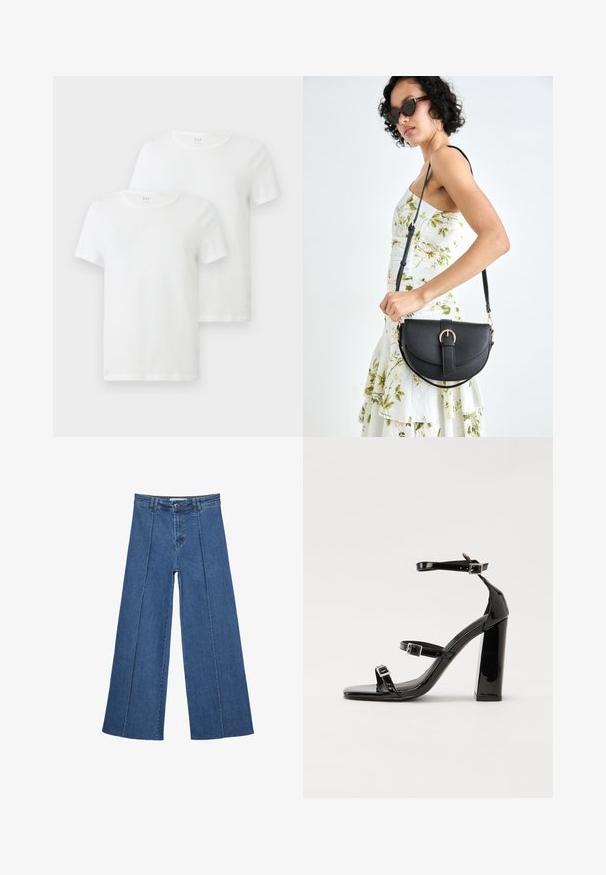 Dva bijela majice kratkih rukava od pamuka, s okruglim izrezom i mekanim teksturom. Logotip branda vidljiv na izrezu.; Široke traperice u srednje plavoj boji, s visokim strukom, zatvaranjem na dugme i kontrastnim vertikalnim šavovima duž prednje strane.; Crne lakirane sandale na visoku petu s dva remena s kopčama, kvadratnim vrhom i masivnom blok petom, s glatkom, sjajnom teksturom.; Crna kožna torba s lukovitim oblikom, odvojivim remenom i zlatnim detaljima. Torba ima preklop s kopčom.