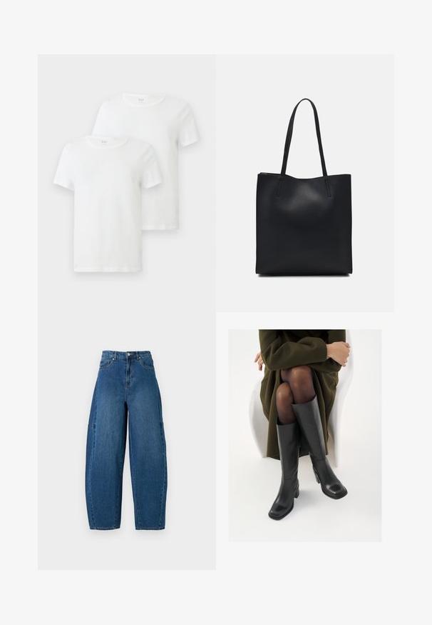 Két fehér, rövidujjú pamut póló, kerek nyakkivágással és puha textúrával. A márka logója látható a nyakkivágásnál.; Közepes kék mosású farmernadrág, magas derékkal, széles lábszárral és hagyományos öt zsebes kialakítással, látható varrási részletekkel.; Térdfelett érő fekete bőr csizmák négyzet alakú orral és tömbtalppal, olajzöld kabátban ülő modellel bemutatva. Simaság, minimalista részletezés.; Fekete bőrtáska sima felszínnel, téglalap alakú, két hosszú füllel. Nincs látható fémkiegészítő vagy díszítés.