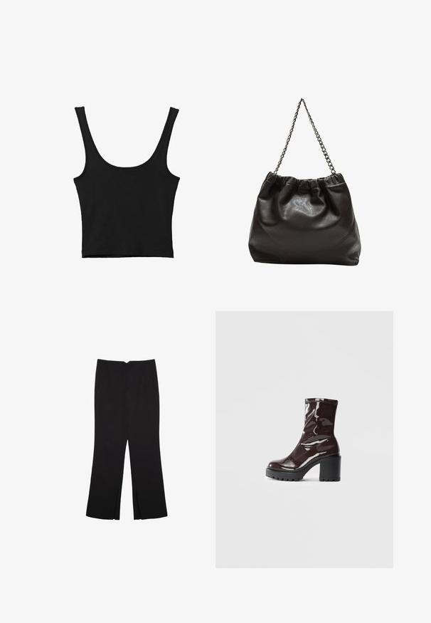 Débardeur noir court avec de larges bretelles, fabriqué à partir d'un matériau doux, présentant une texture lisse et un design minimaliste.; Pantalon noir avec une coupe droite, doté de poches avant et d'éclairs sur l'ourlet. Fabriqué en tissu doux et lisse. Convient à diverses occasions.; Bottines bordeaux brillantes à talon épais noir, avec une texture lisse et un design simple. Aucune fermeture visible ni motifs.; Sac en cuir marron avec un haut froncé et une bandoulière en chaîne. Texture lisse avec une finition brillante et des coutures subtiles sur les côtés.