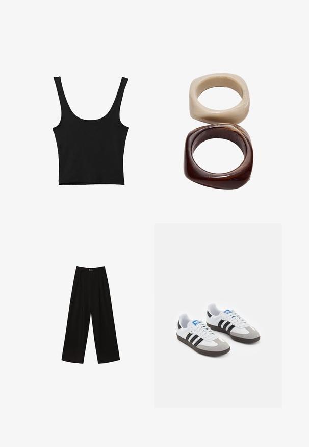Crni kratki top s širokim naramenicama, izrađen od mekanog materijala, s glatkom teksturom i minimalističkim dizajnom.; Crne široke hlače s visokim strukom, s pojasom u struku i plisirima za teksturu. Izrađene od glatkog, laganog materijala.; Sportske cipele s gornjištem od bijele kože, sivi suedinasti nos i tri crne pruge. Imaju plavi logo na jeziku i teksturiranu gumenu podlogu.; Stradivarius SET - Narukvica - dark brown