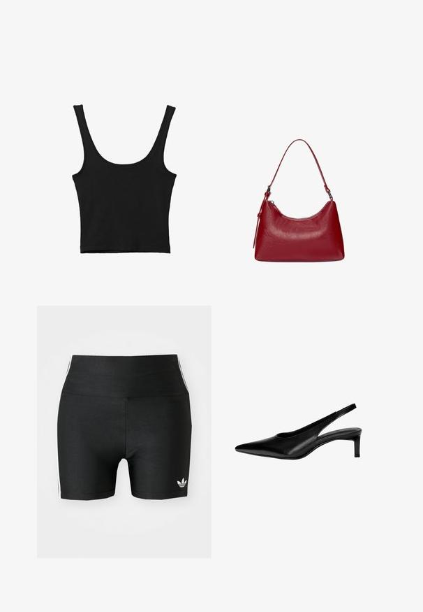 Crni kratki top s širokim naramenicama, izrađen od mekanog materijala, s glatkom teksturom i minimalističkim dizajnom.; Crne sportske kratke hlače od rastezljivog materijala s visokim strukom. Imaju bijele bočne pruge i mali bijeli logo na rubu.; Crne kožne sandale s otvorenim petom i šiljastim vrhom, niskom petom i prorezima sa strane. Glatka tekstura s elegantnim izgledom.; Crvena kožna torba preko ramena s zakrivljenim dizajnom, glatkom teksturom i zatvaranjem na patentni zatvarač. Ima tanku dršku za nošenje.