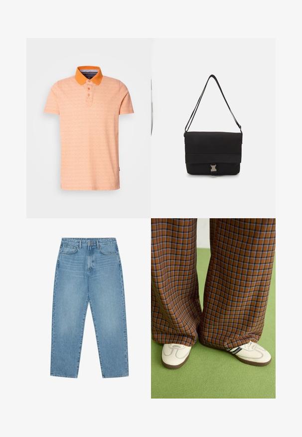 Lyhythihainen polo-paita vaaleankeltaisena, jossa on erottuva oranssi kaulus. Siinä on geometrinen kuvio ja kolmen napin lista.; Vaaleansiniset leveälahkeiset farkut korkealla vyötäröllä, joissa on viisi taskua, vyölenkit ja pehmeä, hieman haalistunut pinta.; Ruskonsin ja sininen ruutukuvioinen leveälahkeinen housut yhdistettynä valkoisiin kenkiin, joissa on mustia yksityiskohtia ja tekstuuripohjat, vihreää taustaa vasten.; Musta viestintälaukkua, joka on valmistettu sileästä materiaalista. Laatikko sisältää taitettavan kannen, hopeiset soljet ja säädettävän olkahihnan.