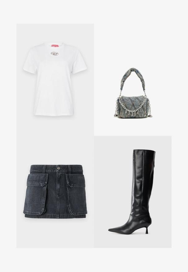 T-shirt branca de algodão com gola redonda, mangas curtas e um destaque de logótipo prateado no peito. Apresenta uma etiqueta da marca vermelha dentro da gola.; Saia de ganga preta com uma cintura justa, fecho de botão, dois grandes bolsos frontais e costuras em contraste.; Bota preta de couro até ao joelho com bico fino e salto curvado e esguio. Textura suave, design ajustado e sem elementos metálicos ou padrões visíveis.; Bolsa de denim com padrão acolchoado, cor azul, alça curta trançada e alça de corrente prateada com detalhe em letras metálicas da marca.
