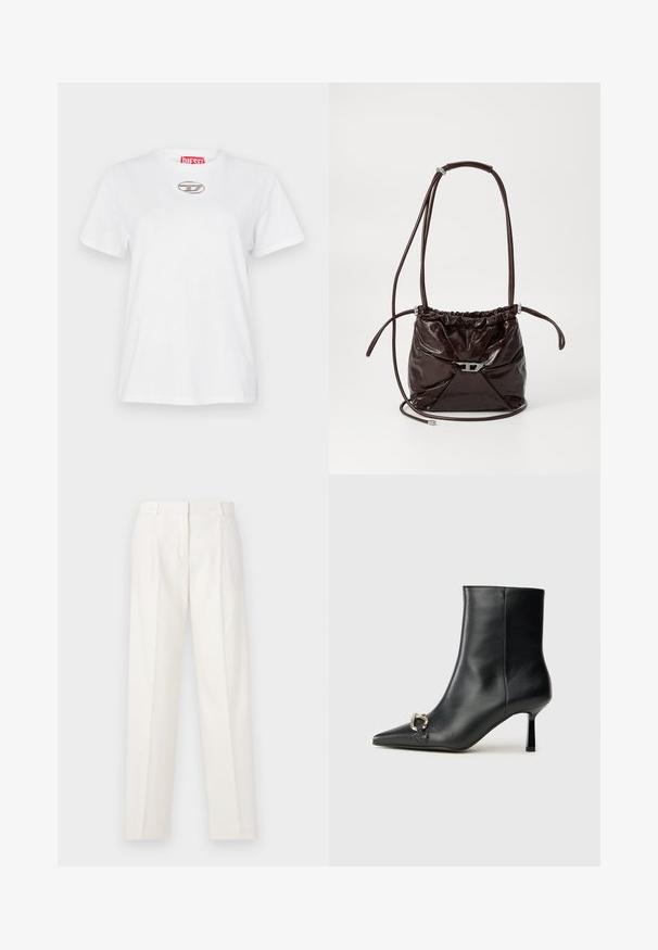 Balta kokvilnas T-krekls ar apaļu kakla izgriezumu, īsām piedurknēm un sudraba logotipa akcentu krūtīs. Iekšpuses apkaklī ir sarkana zīmola etiķete.; Bilas baltās bikses, kas izgatavotas no linu, ar taisnu griezumu, dubultām krokām priekšā un gludu tekstūru. Nav redzamu kabatu vai metāla detaļu.; Melnā ādas potīšu zābaku ar smailu purngalu, šauru vidēja augstuma papēdi un sudraba sprādzi sānos uz vienkrāsaina fona.; Tumšbrūns, spīdīgs ādas plecu soma ar savilkta augšdaļa un plānu regulējamu siksniņu, kurai priekšā ir neliela sudraba krāsas sprādze.