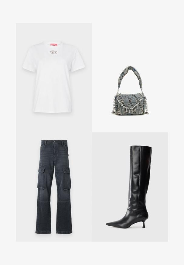 Baltos medvilnės marškinėliai su apvalia iškirpte, trumpomis rankovėmis ir sidabriniu logotipo akcentu krūtinėje. Viduje ant apykaklės yra raudonas prekių ženklo etiketė.; Tamsiai pilki džinsiniai krovinių kelnės su dviem šoninėmis kišenėmis ir plačiomis kojomis. Siuvinėjimas palei siūles ir kraštus.; Juodai odiniai iki kelių batai su smailiu pirštu ir plonu lenktu kulnu. Lygus paviršius, prigludęs dizainas ir be matomų detalijų ar raštų.; Džinsinis rankinės krepšys su siuvinėta raštu, mėlynos spalvos, trumpa pintinė rankena ir sidabrinė grandinėlė su metaliniais prekės ženklo užrašu.