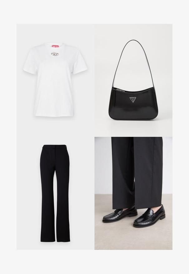 Valge puuvillane T-särk, ümar kaelus, lühikesed varrukad ja hõbedane logoaktsent rinnal. Kaelas on punane brändimärk.; Mustad püksid, millel on sirge lõige, sile tekstuur ja ühe nupukinnitusega vöökoht. Ei ole nähtavaid mustreid ega aktsente.; Mustadest nahast loaferdest on sile pind, õmmeldud detaile varvaste ümber ja madal kummitald. Kombineeritud laia musta pükste jaoks.; Must küllastatud nahast õlakott, millel on kumer kuju, hõbedase kolmnurkse logo ja tõmblukuga sulgemine. Sile tekstuur ja õhuke rihm.