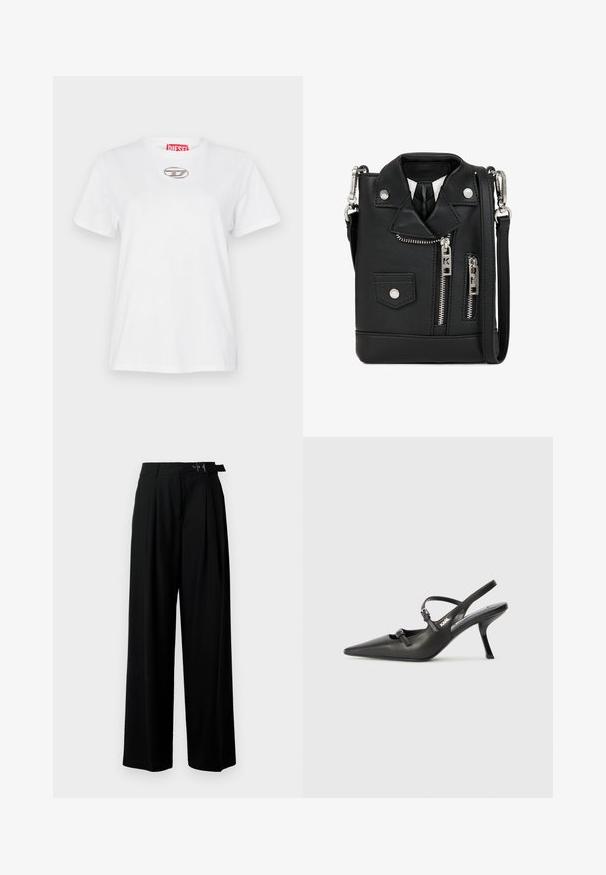 Valge puuvillane T-särk, ümar kaelus, lühikesed varrukad ja hõbedane logoaktsent rinnal. Kaelas on punane brändimärk.; Mustad kõrge vöökohaga mustad laiad püksid, millel on ees voldid ja vöö, millel on pandla. Valmistatud siledast ja kergest kangast.; Must musta slingback kontsad, terava nina, peenike konts ja dekoratiivne pandla detail peal. Sile tekstuur ja stiilne disain.; Musternahk nahkvahega kott, disainitud nagu mootorratta jakk. Omab lukke, nööpe ja õlarihma. Kompaktne ja ägeda välimusega.