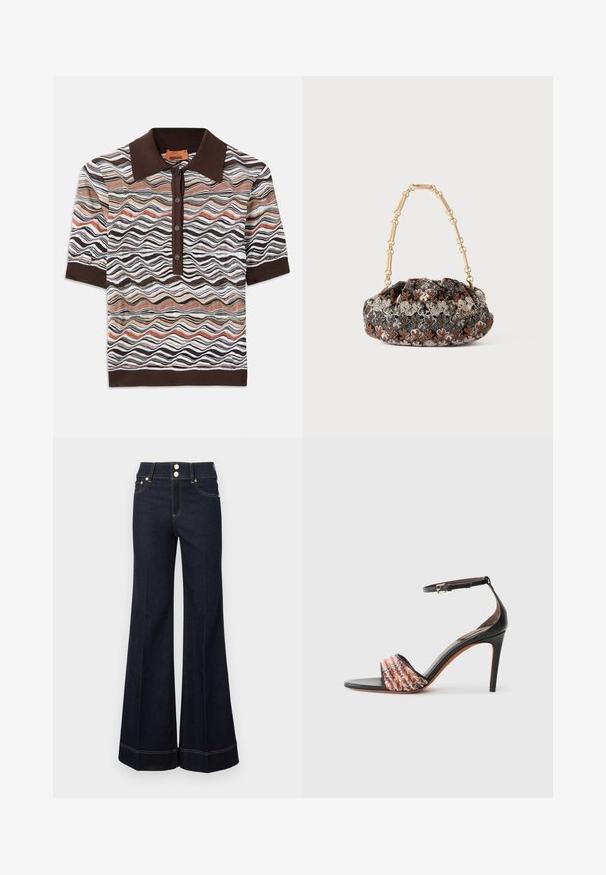 Barna színű galléros polo póló, hullámmintával, barna, krém és terrakotta árnyalatokban; öt gombos nyitás; rövid ujjú.; Sötétkék, magas derekú, széles szárú farmernadrág elülső zsebekkel, két látható gombbal és sárga varrás részletekkel.; Fekete sarkú szandál bokapánttal. Az orrán egy textúrált, multiszínű szövetcsík található. Simára csiszolt bőr felső.; Fekete és krém virágmintás szövet táska, összeszedett kialakítással, aranylánc fogantyúval és fémes díszítésekkel.