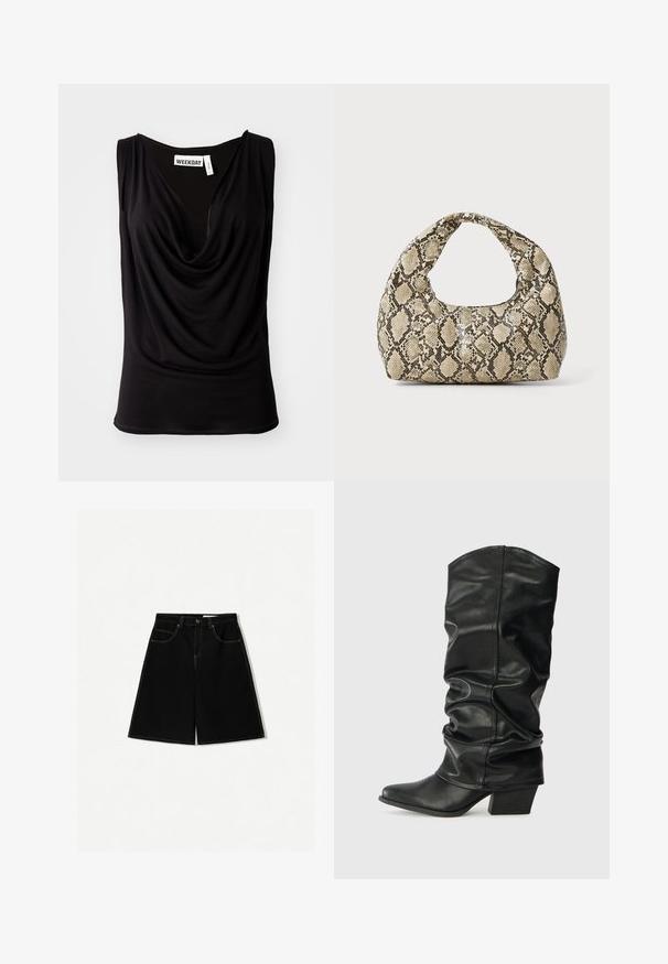 Top nero senza maniche con scollo drappeggiato, realizzato in tessuto morbido. Presenta un'etichetta con "WEEKDAY" all'interno del collo. Texture liscia, design aderente.; Pantaloni shorts di denim neri con vestibilità ampia, dotati di cinque tasche, dettagli di cucitura gialla e design a vita media.; Stivali neri in pelle, alti fino al ginocchio, con design morbido, punta affusolata e tacco spesso, caratterizzati da una texture liscia e cuciture minime.; Borsa a stampa rettile con manico curvo. Realizzata in materiali testurizzati beige e marroni, presenta un distintivo motivo a rombi.