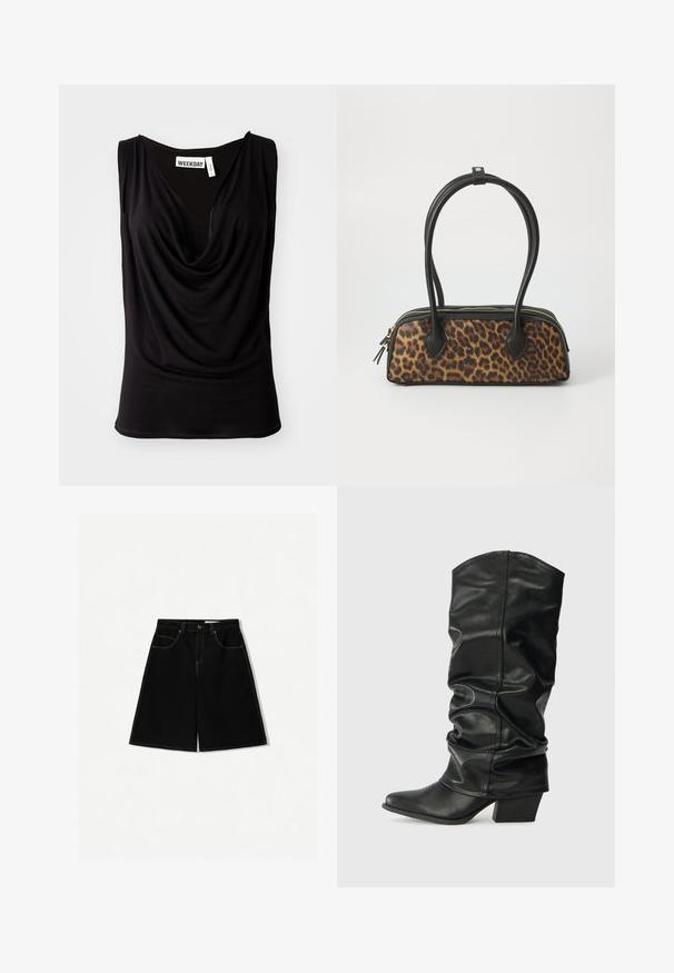 Schwarzes ärmelloses Oberteil mit drapierter Halslinie aus weichem Stoff. Verfügt über ein Etikett mit "WEEKDAY" am inneren Halsbereich. Glatte Textur, enganliegendes Design.; Schwarze Denim-Shorts mit lockerer Passform, ausgestattet mit fünf Taschen, gelben Nähakzenten und einem mittelhohen Bunddesign.; Schwarze Lederstiefel bis zum Knie mit einem rüschigen Design, spitzem Zehenbereich und breitem Absatz, mit glatter Texture und minimaler Naht.; Leopardenmuster-Handtasche mit schwarzem Kunstlederboden, doppelten oberen Griffen, goldfarbenem Reißverschluss und akzentuierten schwarzen Kunstlederlaschen. Rechteckige Form.