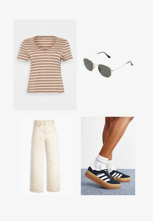 Brown and cream striped t-shirt with a v-neck, short sleeves, and a soft texture. Features a small logo detail on the chest.; Beige wide-leg jeans made of cotton denim. Features include a high waist, button closure, and five-pocket design. Smooth, durable texture.; Black suede sneakers with white stripes and accents, rounded toe, gum rubber outsole, paired with white ribbed crew socks.; Gold metal-frame sunglasses with dark green lenses, aviator style, featuring slim arms and tortoiseshell accents on the tips.