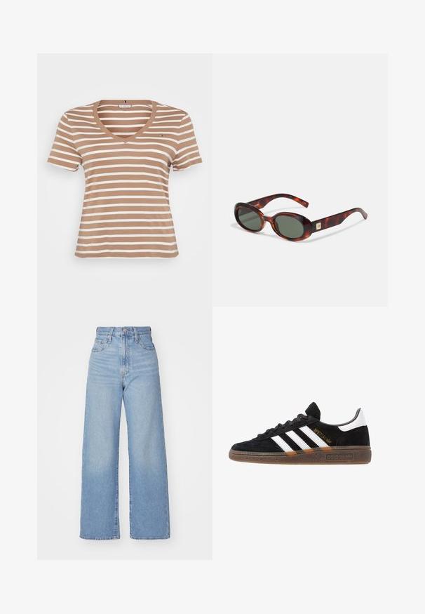 Bruine en crèmekleurige gestreepte t-shirt met een v-hals, korte mouwen en een zachte textuur. Bevat een klein logo-detail op de borst.; Lichtblauwe high-waist wijde jeans met een knoop- en ritssluiting aan de voorkant, voor- en achterzakken, op een witte achtergrond.; Zwarte Adidas sneaker met witte strepen, gouden "Spezial" tekst, gumzool en witte hieltab, weergegeven in zijaanzicht.; Schildpadbril met donkere lenzen, ovale vorm en brede armen. Voorzien van een kleine gouden accent aan de zijkant. Glad plastic materiaal.