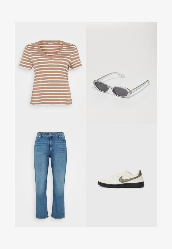 Brun og kremstripete T-skjorte med v-hals, korte ermer og en myk tekstur. Har en liten logo detalj på brystet.; Lyseblå denimjeans med rett ben-design, som har fem lommer, beltehemper og subtil falming på forsiden.; Nike Sportswear FIELD GENERAL - Joggesko - off-white/black; Solbriller med oval form, klar plastramme, mørkegrå linser og tynne gjennomsiktige armer med logopunksjoner og minimal detaljering.