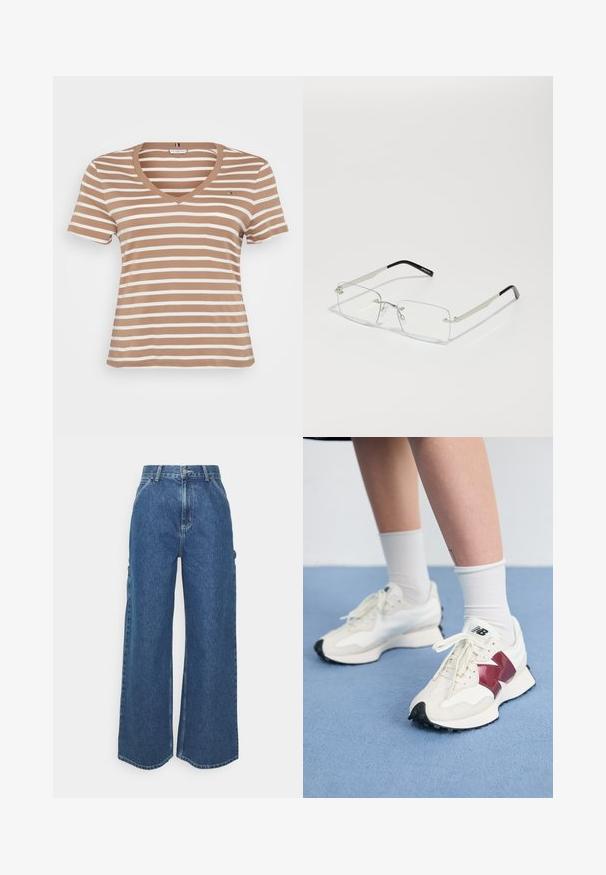 Brun og creme stribet t-shirt med v-hals, korte ærmer og en blød tekstur. Har et lille logo detaljeret på brystet.; Bredde ben blå denimbukser med høj talje, kontrastsyede sømme og sidelommer, med et klassisk fem-lomme design og rå kanter.; Et par hvide sneakers med maroon detaljer, strukturerede paneler, flad sort sål og lyse snørebånd, båret med hvide ankelstrømper.; Rektangulære briller med klare linser, en tynd sølvmetalramme og sorte acetattip. Har minimal hardware for et enkelt design.