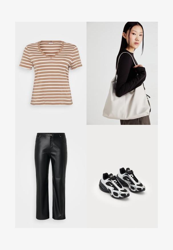 Brūns un krēmkrāsas svītrota T-kreklā ar V veida kakla izgriezumu, īsām piedurknēm un mīkstu tekstūru. Satur nelielu logo detaļu uz krūtīm.; Melnas mākslīgās ādas bikses ar taisnu griezumu, ar jostas cilpām, priekšpogu kabatām un rāvējslēdzēju ar pogu aizdari. Gluda tekstūra.; Melnas un sudraba krāsas sporta kurpes ar sietiņu un sintētisku virsu, izceļoties ar izteiktu viļņotu dizainu un mīkstinātu apkaklīti, kā arī gaisa amortizāciju zole.; Bežs rokassoma, izgatavota no mīksta materiāla, ar brīvu dizainu, izšūtu apdari un divām plecu siksnām. Piemērota ikdienas lietošanai.