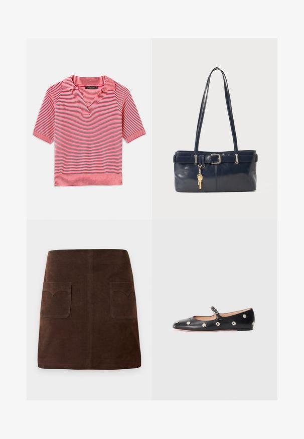 Polo à manches courtes rayé rouge et blanc avec un col en V, présentant un motif tricoté texturé et une finition côtelée contrastante.; Jupe en suède marron présentant une silhouette A-line classique, deux poches avant avec des rabats arrondis et des détails de couture discrets.; Chaussure plate en cuir noir type Mary Jane avec un bout arrondi, ornée de clous ronds en argent et dotée d'une sangle réglable avec une boucle.; Sac à main en cuir bleu marine avec deux longues poignées, un détail de boucle et un porte-clés accroché. Il présente une texture lisse et une forme rectangulaire.
