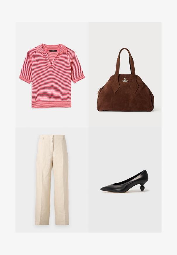 Rød- og hvidstribet kortærmet polo polo med V-hals, der har et tekstureret strikmønster og kontrasterende ribkant.; Beige linnedragt med løs pasform, plisseret front og lige ben. Har en talje med bæltestropper og ingen synlige lommer.; Sort læder høje hæle med spids tå og rund, kugleformet hæl. Glat tekstur med et stilrent, minimalistisk design.; Brun suede håndtaske med en struktureret form, rund krop og forlængede diamantformede håndtag. Har en hardwarelukning i sølv.