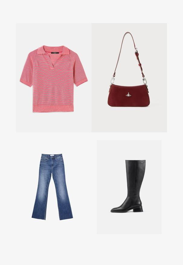 Rot-weißer gestreifter Kurzarm-Polo mit V-Ausschnitt, der ein strukturiertes Strickmuster und einen kontrastierenden gerippten Saum aufweist.; Blaue Jeans mit hoher Taille, Fronttaschen und leichtem Schlag am Saum auf einem weißen Hintergrund.; Schwarze Lederstiefel bis zur Knee mit abgerundeter Spitze und niedrigem Blockabsatz. Verfügt über eine glatte Oberfläche und minimale Nahtdetails.; Rote Wildleder Schultertasche mit einer curved Form. Verfügt über einen silberfarbenen Akzent und einen verstellbaren Trageriemen mit Hardware-Details. Glatte Textur.