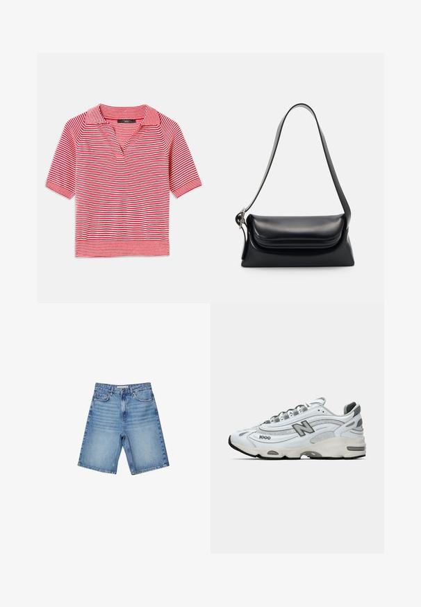 Red and white striped short-sleeve polo shirt with a v-neck collar, featuring a textured knit pattern and contrasting ribbed hem.; Denim shorts in light blue, featuring a classic five-pocket design, a zip fly, and subtle fading. Straight cut with hemmed edges.; White athletic sneaker with gray accents, mesh and synthetic materials, wave design, padded collar, and rubber sole with black tread.; Black leather handbag with a structured shape, a smooth texture, and a single shoulder strap. Features a subtle, rounded flap design.; Gold rectangular wristwatch with a minimalist design, featuring a cream dial, gold hands, and a metal link bracelet. Markings include brand name.