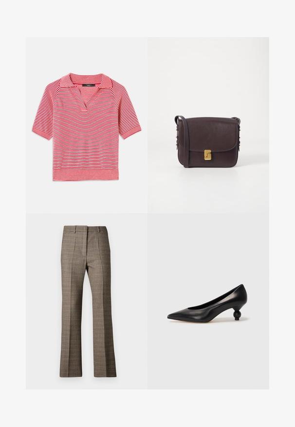 Punane ja valge triibuline lühikeste varrukatega polo särk v-kaelusega, millel on tekstuuriga kudumimuster ja kontrastne soonikkoes serv.; Pruunist ruudulisest kangast püstise sääremuudega püksid, millel on tekstureeritud kangas ja peened beeži ning tumedamate pruunide tooni mustrid.; Must musta kõrge kontsaga king, millel on terav nina ja ümar, pallikujuline konts. Sile pind ja elegantne, minimalistlik disain.; Tumepruun nahkistetud õlakott klapiga, millel on kuldne klamber ja dekoratiivsed kuldsed aktsendid külgedel. Sile tekstuur.