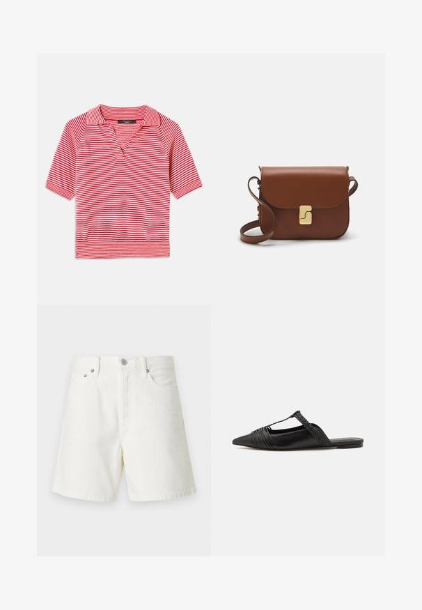 Rood en wit gestreept polo shirt met korte mouwen en een V-halskraag, met een gemêleerd breiselpatroon en contrasterende ribbelzoom.; Witte denim shorts met een rechte snit, vijf zakken, voorste knoopsluiting, zilveren hardware en gestikte details.; Zwarte leren slingback schoen met een puntige neus, voorzien van een gevlochten accent en geplooid ontwerp aan de bovenkant. Platte zool met minimale hardware.; Bruine leren handtas met een klep sluiting, gouden hardware, een schouderband en een gladde textuur. Compact rechthoekige vorm.