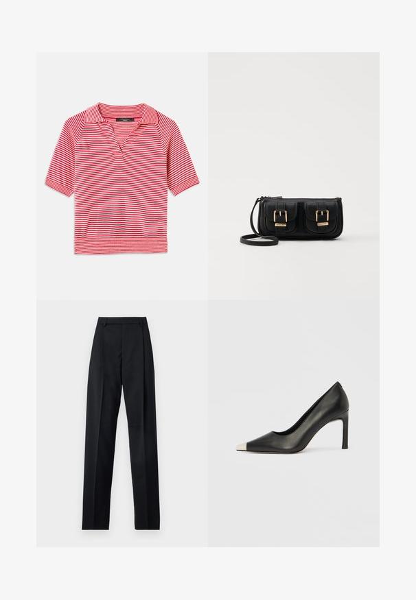 Sarkana un balta svītrainā īsā piedurkne polo krekls ar v-veida apkakli, kuram ir teksturēta adījuma raksts un kontrastējoša ribota mala.; Melnas bikses, izgatavotas no gludas auduma, ar augstu vidukli, platiem bikšu galdniekiem, priekšējiem krokām un klasiskām jostu cilpām. Sānu kabatas nav redzamas.; Melns ādas augstpapēžu kurpes ar smailu purngalu un metāliski sudraba uzgali. Ir gluda apdare un slaids 10 cm augsts papēdis.; Melnas ādas crossbody soma ar divām priekšējām kabatām, zelta sprādzēm, ar rāvējslēdzēju aizdari un šauru siksnu. Strukturēta virsma un kompakta taisnstūra forma.