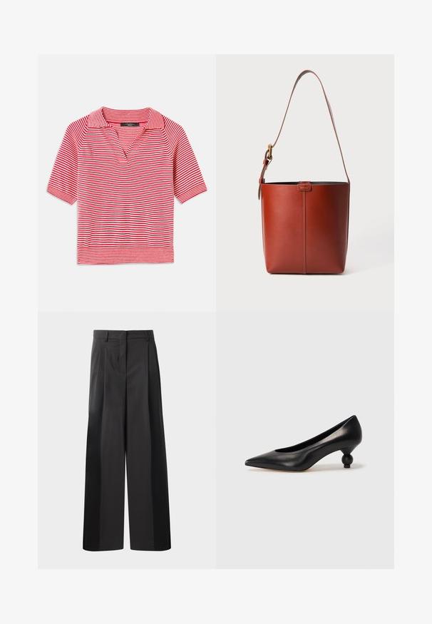 Rød- og hvidstribet kortærmet polo polo med V-hals, der har et tekstureret strikmønster og kontrasterende ribkant.; Sort brede bukser med høj talje, med folder foran, en glat tekstur og en skræddermæssig finish. Designet til en afslappet pasform.; Sort læder høje hæle med spids tå og rund, kugleformet hæl. Glat tekstur med et stilrent, minimalistisk design.; Brun læderspandtaske med justerbar skulderrem og guldfarvet spænde, enkel lodret sømdetalje foran.