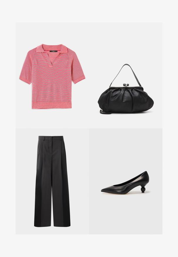 Raudonos ir baltos juostelės trumpomis rankovėmis polo marškiniai su V formos iškirpte, turintys tekstūrinį pynimo raštą ir kontrastuojančią gėlę.; Juodos plačios kelnės su aukštu liemeniu, su priekinėmis raukšlėmis, glotnia tekstūra ir pritaikytu apdailos stiliumi. Sukurtos laisvam sėdėjimui.; Juoda odinė aukštakulnė bateliai su smailiu pirštu ir apvaliu, iškiliu kulnu. Lygus paviršius su elegantišku, minimalistiniu dizainu.; Juodas odinis rankinė su apvalia, raukšlėtą dizainą. Priedai metalinė užsegimas su dviem dekoratyvinėmis kamuoliukais ir plona, nuimama pakaba.