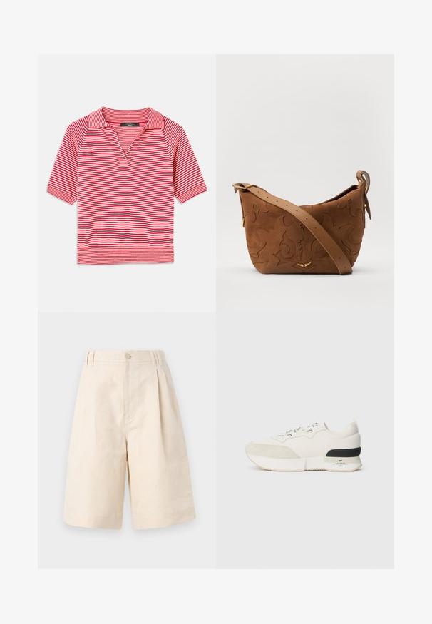 Rood en wit gestreept polo shirt met korte mouwen en een V-halskraag, met een gemêleerd breiselpatroon en contrasterende ribbelzoom.; Beige linnen shorts met een relaxte pasvorm, voorzien van een knoopsluiting, geplooid ontwerp en knie-lange snit. Glad textuur en eenvoudig stijl.; Witte sneaker met een getextureerde suede neuskap, een soepel mesh bovenwerk, decoratieve veters en een zwarte rubberen hakaccent.; Bruine suède schoudertas met een geperst bloemmotief, aangevuld met een gladde bruin leren schouderband en accenten in goudkleurig metaal.