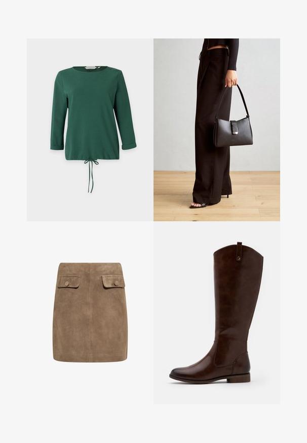 Green long-sleeve top with round neckline, ribbed texture, side button accents, and adjustable drawstring at the hem.; Brown suede mini skirt with a smooth texture, featuring two front flap pockets and button closures on each side. Simple, straight design.; Brown knee-high boots made of smooth leather, featuring a rounded toe, low stacked heel, and a subtle stitching pattern along the sides.; Black handbag with structured shape, smooth texture, and a metallic clasp. Paired with wide black pants and open-toe sandals on wooden floor.
