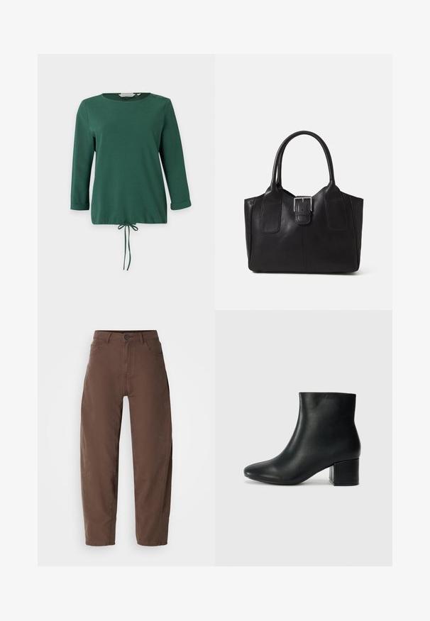 Green long-sleeve top with round neckline, ribbed texture, side button accents, and adjustable drawstring at the hem.; Brown straight-leg pants with front button and zipper, belt loops, and side pockets, displayed on a white background.; Black leather ankle boots with a pointed toe and a chunky heel. Smooth texture with minimal accents and a sleek, fitted design.; Black leather tote bag with smooth texture, structured shape, two handles, and a prominent silver buckle detail on the front.