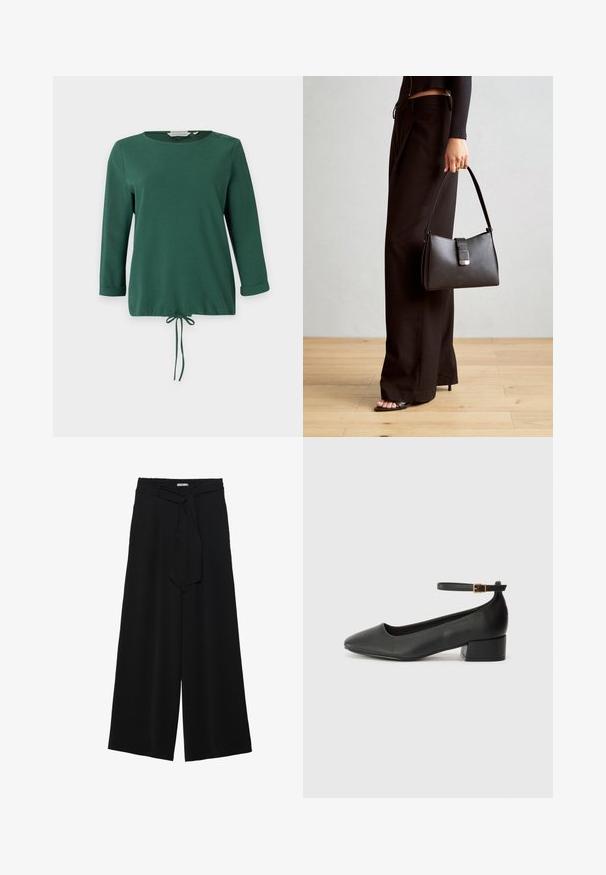 Zöld hosszú ujjú felső kerek nyakkal, bordázott textúrával, oldalsó gombos díszítéssel és állítható zsinórral az alján.; Fekete, bő szárú nadrág, texturált anyagból, rugalmas derékpánttal és levehető sállal a derekán, amely állítható illeszkedést biztosít.; Fekete bőr magassarkú cipő hegyes orral és alacsony tömb sarkal. Bokapánttal rendelkezik, aranyszínű csattal. Simább textúra.; Fekete kézi táska strukturált formával, sima textúrával és fémből készült záródással. Széles fekete nadrággal és nyitott orrú szandállal párosítva, fából készült padlón.