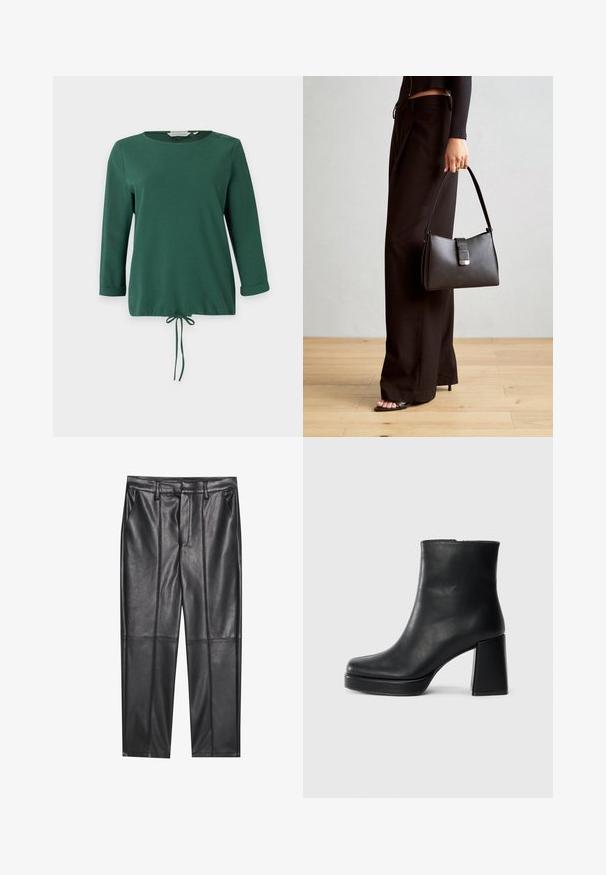 Grünes Langarmoberteil mit rundem Halsausschnitt, geripptem Material, seitlichen Knopfakzenten und verstellbarem Kordelzug am Saum.; Schwarze Lederhosen mit glatter Textur, gerader Passform, zwei Fronttaschen und sichtbaren Nahtdetails.; Schwarze Leder-Stiefelette mit Blockabsatz und Plattformsohle, seitlich auf einem schlichten weißen Hintergrund betrachtet.; Schwarze Handtasche mit strukturierter Form, glatter Textur und einem metallischen Verschluss. Kombiniert mit weiten schwarzen Hosen und offenen Sandalen auf einem Holzboden.