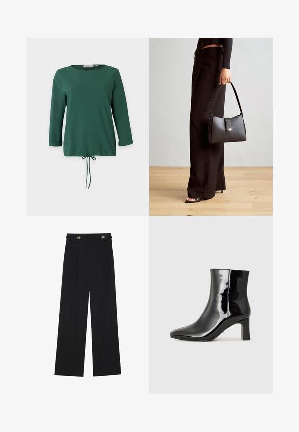 Groene lange mouwen top met ronde halslijn, geribbeld textuur, zijknopenaccenten en verstelbare trekkoord aan de onderkant.; Zwarte wijde broek met hoge taille, knoopdetails op de tailleband en plooien aan de voorkant.; Zwarte gepolijste leren enkellaars met een spitse neus en een blokhak van gemiddelde hoogte. Glad textuur en minimalistisch ontwerp.; Zwarte handtas met gestructureerde vorm, gladde textuur en een metalen sluiting. Gecombineerd met brede zwarte broeken en sandalen met open teen op een houten vloer.