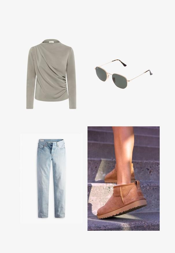 Pitkähihaisessa paidassa on vaaleanharmaa kangas, jossa on drapeerattua yksityiskohtaa yhdellä puolella ja rypytettyä tekstuuria vyötäröllä. Sujuva ja pehmeä pinta.; Vaaleansiniset farkut, joissa on suora lahje, kaksi etutaskua ja kaksi takataskua. Mukana kaksi nappia kynnyksessä ja hienovarainen ompelu.; Kahdenruskeat mokkanahkaiset nilkkurit, joissa on pehmeä pinta, kirjailtua yksityiskohtaa ja kumipohja. Kengissä on myös kätevä lenkki kantapäässä, joka helpottaa pukemista.; Kultaa metallikehyksiset aurinkolasit tummanvihreillä linsseillä, pilottilaatuinen tyyli, jossa on kapeat varret ja kilpikonnakuosiset korostukset päissä.; Lauren Ralph Lauren PEBBLED LEATHER SMALL TANNER SATCHEL - Käsilaukku - camel