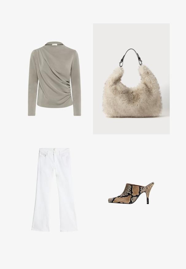 T-shirt à manches longues en tissu gris clair, présentant des détails drapés d'un côté et une texture froncée à la taille. Fini lisse et doux.; Jean blancs évasés en denim, avec une fermeture à bouton et zip, deux poches avant, et un design épuré sans embellissements.; Mules à bout ouvert avec un motif serpent en brun et noir. Présentent un design élégant à bout pointu et un talon stiletto fin. Fini texturé.; Sac à main beige en fausse fourrure, d'une forme courbée. Équipé d'une poignée en cuir noire avec des accents en métal.; Boucles d'oreilles en ton or mettant en avant un design spiralé avec une pierre centrale de couleur vert olive. Texturées, avec une finition brillante et en forme circulaire.