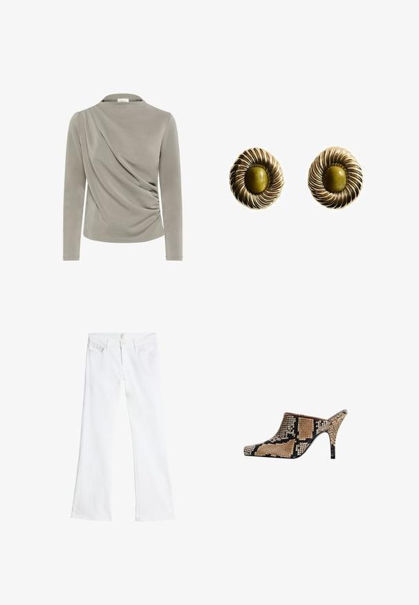 Long-sleeve top in light gray fabric, featuring draped detailing on one side and gathered texture at the waist. Smooth, soft finish.; White flared jeans made of denim, featuring a button and zipper closure, two front pockets, and a clean, unembellished design.; Open-toe mules with a snake print design in tan and black. Features a sleek pointed toe and a slender stiletto heel. Textured finish.; Gold-tone earrings featuring a spiral design with a central olive-green stone. Textured, with a glossy finish and circular shape.