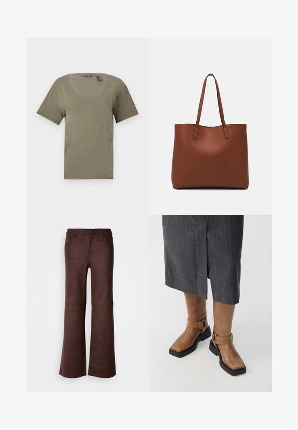 Oliven grønn v-hals t-skjorte, korte ermer, laget av myk, lettvektig stoff, med en avslappet passform og rene sømdetaljer.; Brune flare bukser i et blødt, suede-lignende stof. Har fire lommer, en knaplukning og en glat, tekstureret overflade.; Brune lær knee-high støvler med firkantet tå, sort gummisål og justerbare spænde detaljer. Båret med en grå stribet nederdel.; Brun lær tote veske med en jevn tekstur, åpen toppdesign og to skulderstropper. Har minimal søm og ingen synlige spiker.