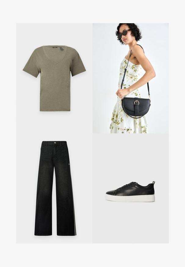 Olīvzaļš V-veida krekls ar īsām piedurknēm, izgatavots no mīksta, viegla auduma, ar brīvu piegriezumu un akurātu šuvju detaļu.; Platām kājām melni džinsi ar kontrastējošām melnām sānu ieliekumiem. Iespējas ietver klasisku džinsu tekstūru, sudraba pogu aizdari un baltas akcentējošas svītras.; Melna ādas sporta apavi ar gludu virsmu, balta gumijas zole, apaļā purngala un auklu aizdare. Iekļauts vilkšanas cilpa uz papēža.; Melnas ādas rokassoma ar izliekta formu, noņemamu siksnu un zelta aksesuāriem. Somai ir vāciņš ar sprādzes detaļu.