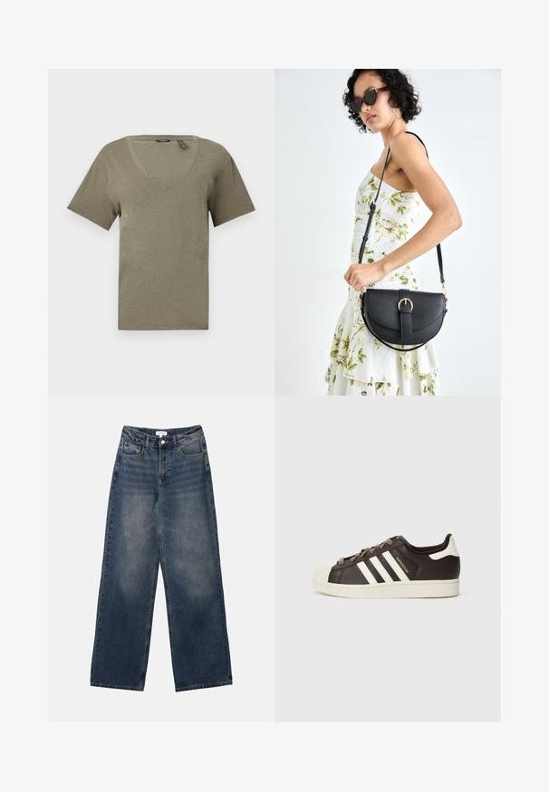 T-shirt verde oliva a scollo a V, maniche corte, realizzato in tessuto morbido e leggero, con vestibilità comoda e dettagli di cucitura pulita.; Jeans da uomo in denim blu a vita alta con gambe larghe, bottone e zip frontali, e tasche anteriori e posteriori.; Sneaker Adidas Superstar low-top in pelle marrone scuro con punta a conchiglia crema, strisce bianche e scritta "Superstar" sul lato.; Borsa a tracolla nera in pelle con una forma curva, manico rimovibile e accessori dorati. La borsa presenta una patta con un dettaglio a fibbia.