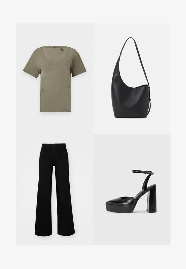Olivno zelena majica s V-izrezom, kratki rukavi, izrađena od mekog, laganog materijala, s opuštenim krojem i čitim šavovima.; Črne široke denim hlače s strukturiranim pasom, z zankami za pas in sprednjimi žepi. Gladka tekstura s klasičnim dizajnom.; Črne platforme z visokimi petami in koničastim nosom ter nastavljivim gležnjenjskim trakom. Narejene iz gladke usnje, s kockasto peto.; Črna usnjena hobo torba z gladko teksturo, ukrivljeno obliko in eno nastavljivo naramnico; ima širok odprtina na vrhu.
