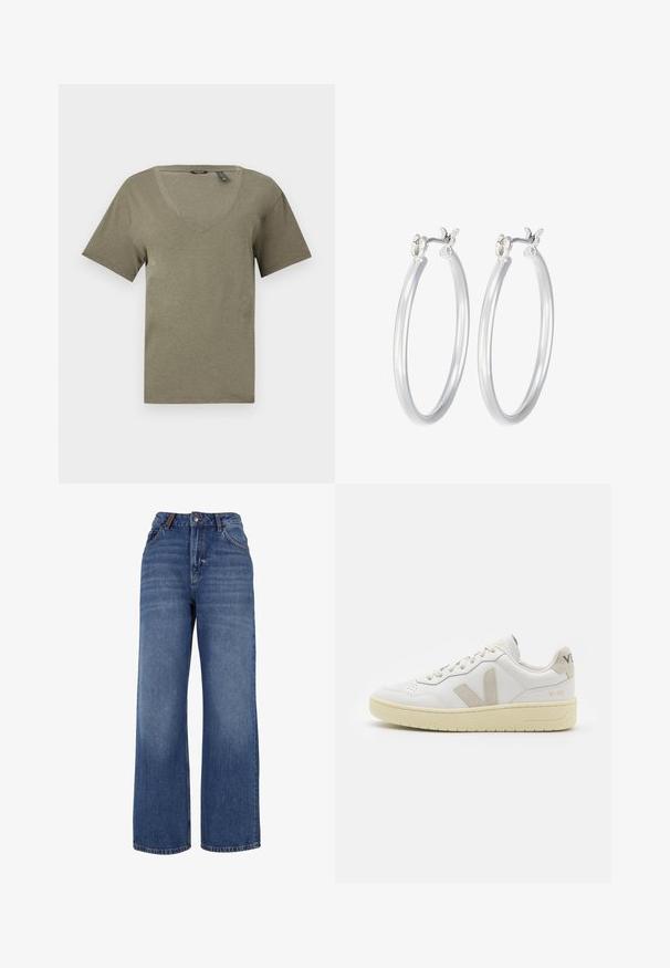 Oliivinvihreä V-pääntie t-paita, lyhyet hihat, pehmeästä ja kevyestä kankaasta valmistettu, jossa on rento istuvuus ja siisti ompelu.; Lauw-leg denim farkut, jotka on valmistettu keskipainoisesta sinisestä puuvillakankaasta. Ominaisuuksiin kuuluu klassinen viiden taskun muotoilu ja vetoketjulla varustettu nappisuljenta.; Valkoiset nahkakengät, joissa on vaaleanruskeat pigmenttisuojat, rei'itetty kärki, litteät nauhat ja teksturoitu kermaisa pohja. Takana on huomaamaton brändäys.; Hope-silver rengas, joissa on sileä ja kiillotettu pinta. Pyöreä muoto ja turvallinen napsautettava lukitus. Kevyt muotoilu sopii päivittäiseen käyttöön.