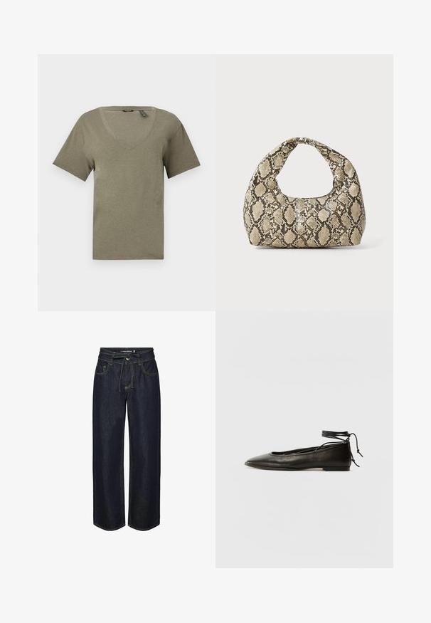 Olivengrøn v-hals t-shirt, korte ærmer, lavet af blødt, let vævning, med en afslappet pasform og pæne sømdetaljer.; Mørk denim brede bukser med snor i taljen, der har kontrastsyning, frontlommer og en let løs pasform.; Sorte læder ballerinaer med spids tå, ankelbinding og flad sål, der har en glat tekstur og minimalistisk design.; Slangeprint håndtaske med et buet håndtag. Lavet af strukturerede, beige og brune materialer, med et karakteristisk diamantmønster.