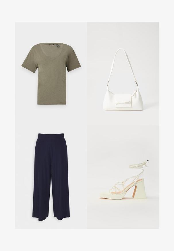 Olivovozelené tričko s výstrihom do V, krátkymi rukávmi, vyrobené z mäkkej, ľahkej tkaniny, s voľným strihom a čistými švami.; Široké nohavice z tmavomodrej látky s ribbovanou textúrou. Obsahujú hladký pás a voľný siluetu, s dĺžkou po stred lýtok.; Biele sandále na vysokom opätku s hrubým podpätkom, s pruhovaným dizajnom a viazaním na členku. Hladký povrch s platformou vpredu pre zvýšenú výšku.; Biela syntetická kabelka s trojuholníkovým tvarom, plochým predným klapkou a detailom mašle, nastaviteľným popruhom, hladkou textúrou a minimalistickým dizajnom.