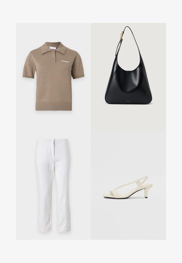 Lühikeste varrukatega heledat pruunikat pulloverist polo särk, millel on soonikkoes krae, kolme nupuga plastron ja rinnal tikitud brändilogoga.; Valged puuvillased püksid sirge lõikega, keskmise kõrgusega vöökoht ja ilma nähtavate detailide või mustriteta. Ühtlane sile tekstuur.; Beez blok-kandadesed õhukeste rihmadega ja ruudukujulise varbaga. Sile materjal minimaalsete detailidega, kujundatud mugavaks kandmiseks.; Must mustriba mustkott, millel on sile tekstuur, kõver siluett ja kuldne riistvara aksent. Omab reljeefset brändilogo alusel.