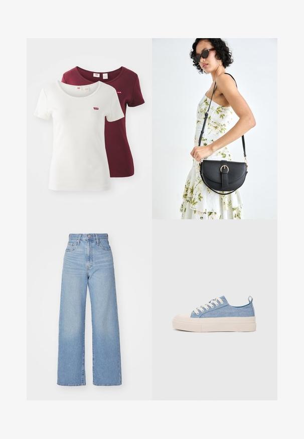 Kaks lühikese varrukaga T-särki: üks valge ümmarguse kaelusega ja punase Levi'si logoga, ning teine burgundia punane sarnase kujunduse ja logo asukohaga.; Heledad sinine kõrge vöökohaga laiad teksad, ees nupp ja tõmblukk, ees ja taga taskud, valge tausta peal.; Heledad sinised kangast tennisekingad koorevärvi kummist varbakatte ja taldaga, millel on valged paelad ja tõmblukk kandadel.; Mustmust mustraha kõverate joontega, eemaldatava rihmaga ja kuldsete detailidega. Kotil on klapp, millel on pandladetail.