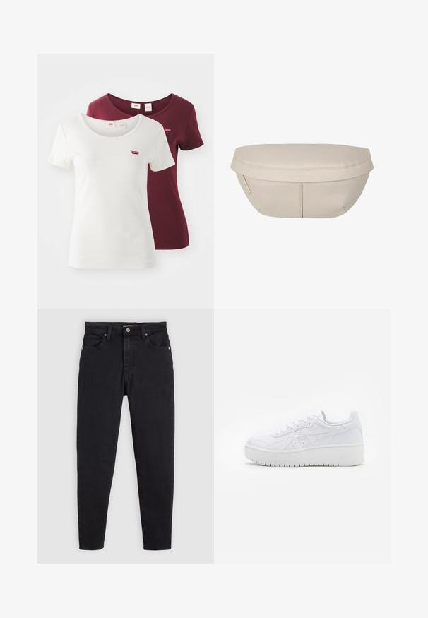 Zwei kurzärmelige T-Shirts: eines in Weiß mit einem runden Halsausschnitt und einem roten Levi's-Logo, und eines in Burgunderrot mit einem ähnlichen Design und der gleichen Logo-Platzierung.; Schwarze Slim-Fit-Jeans mit Knopf- und Reißverschluss, Fünf-Taschen-Design und Gürtelschlaufen auf einem hellgrauen Hintergrund.; Weiße Plattform-Sneaker aus glattem Leder mit perforierten Details und flachen Schnürsenkeln; ausgestattet mit einer dicken weißen Gummisohle.; Beiger Stoffbeutel mit runder Form, flacher Oberseite und subtilen Nahtdetails. Enthält ein minimalistisches Logo und einen Seitengurt.